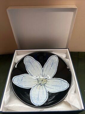 Decorative Black Ceramic Bowl with White & Blue Flower in box